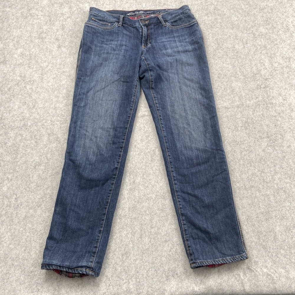 Eddie Bauer Boyfriend Jeans Womens 8 (32x29) Blue Med Wash Flannel Lined STAIN